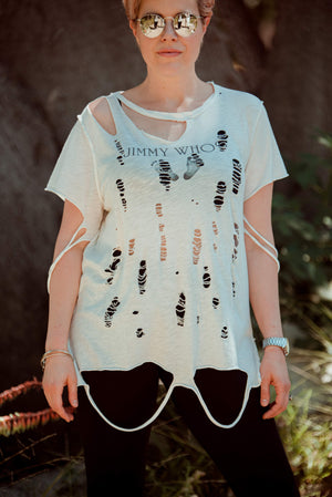 Model wearing the Jimmy Who, Deconstructed T-shirt 